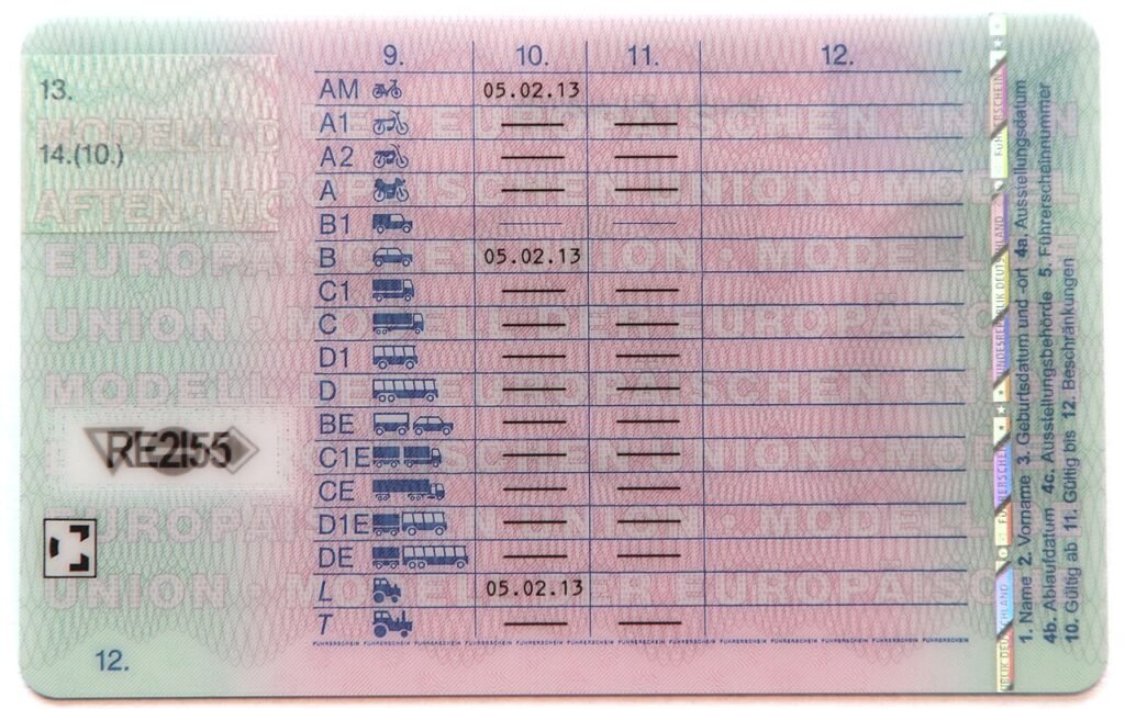 Deutscher Führerschein Rückseite mit Fahrerlaubnisklassen